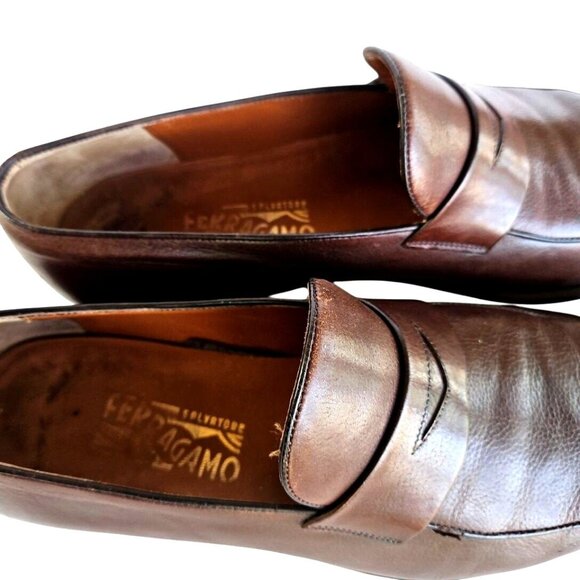 Vintage 1980s Ferragamo Men’s Brown Leather Penny Loafers Made in Italy 11.5D - Picture 11 of 13